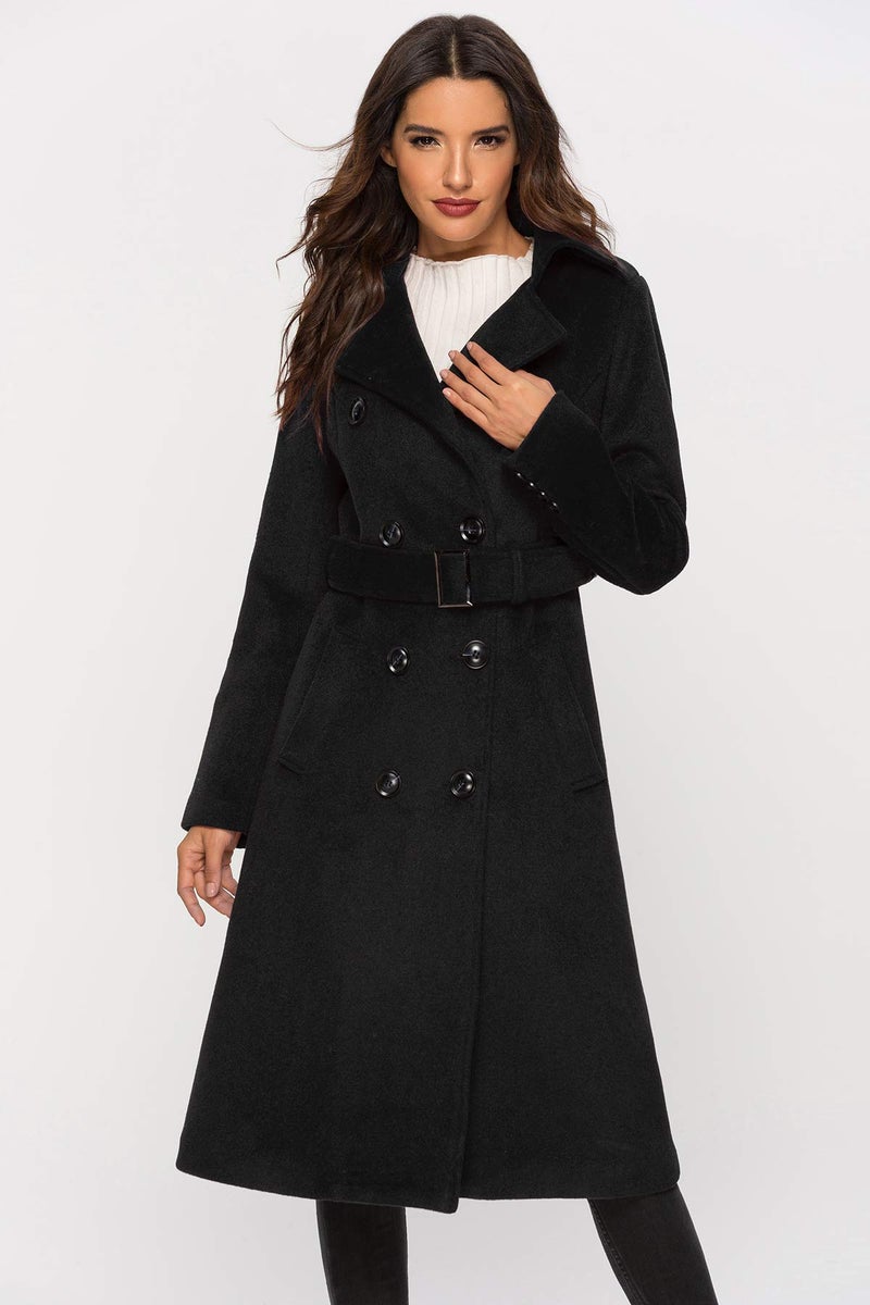 Escalier Womens Wool Coat Double Breasted Pea Coat Winter Long Trench Coat with Belt Black M - Image 3